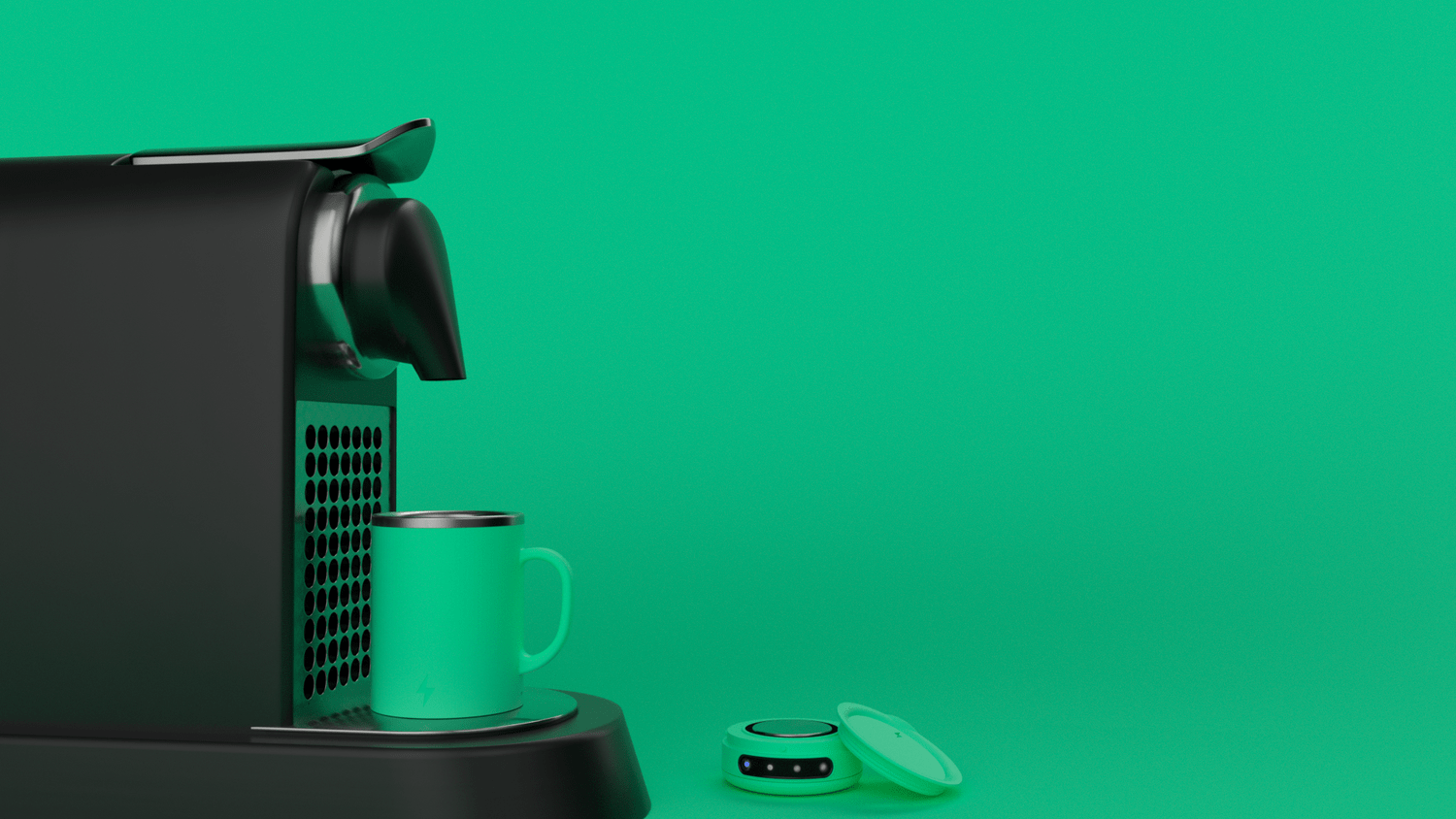 teal heated smart mug on black coffee machine