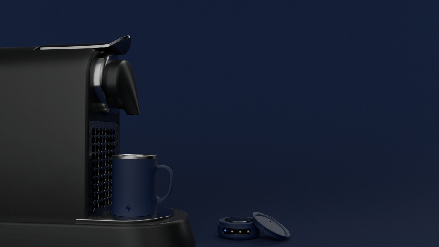 blue heated smart mug on black coffee machine