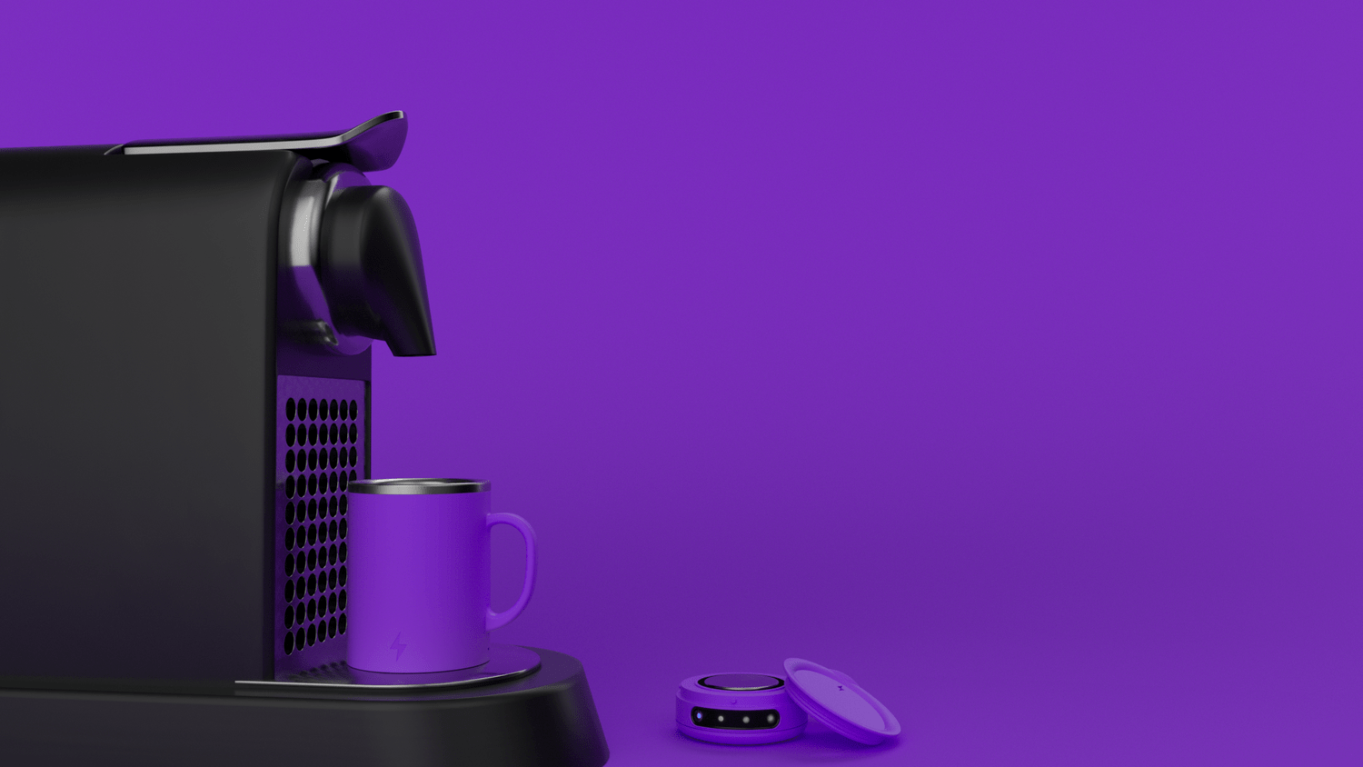 purple heated smart mug on black coffee machine